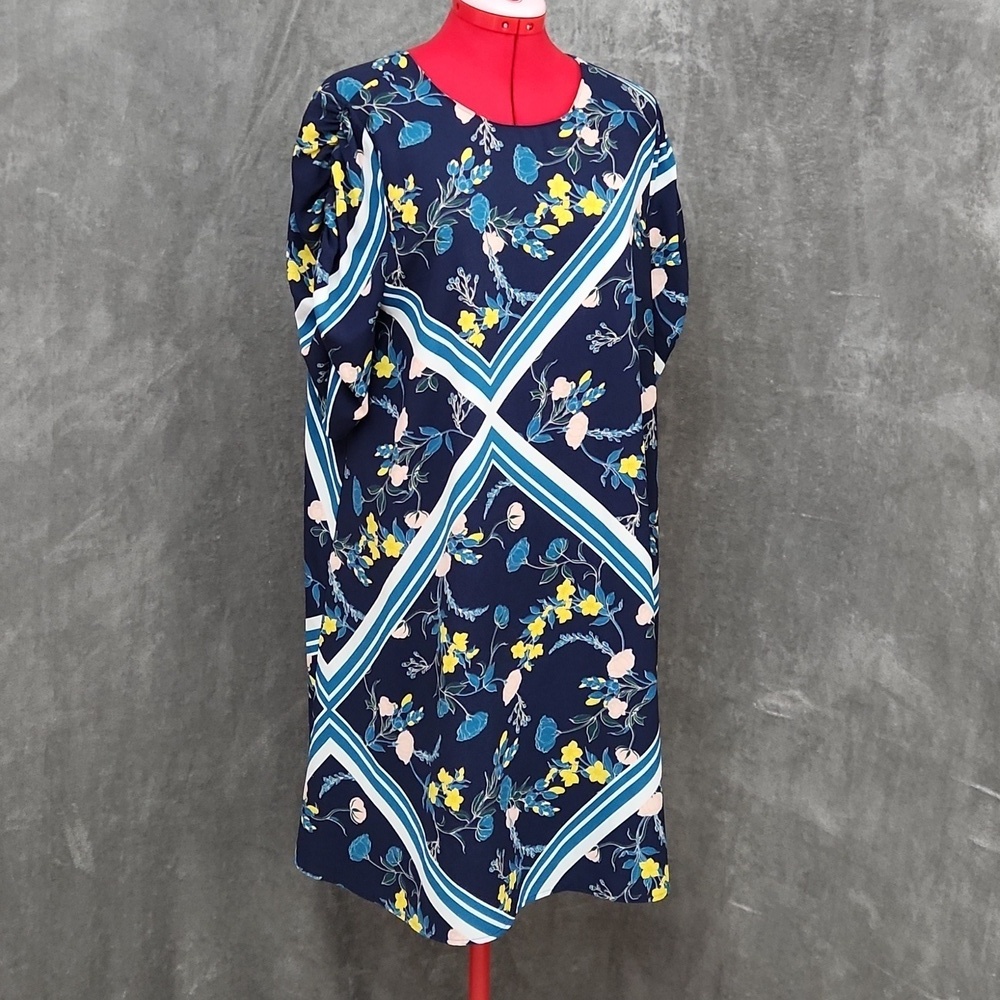 Halogen Floral Shift Dress Women's Size 1 Navy Blue 3/4 Sleeve Ruched Scarf Prin - Picture 2 of 12